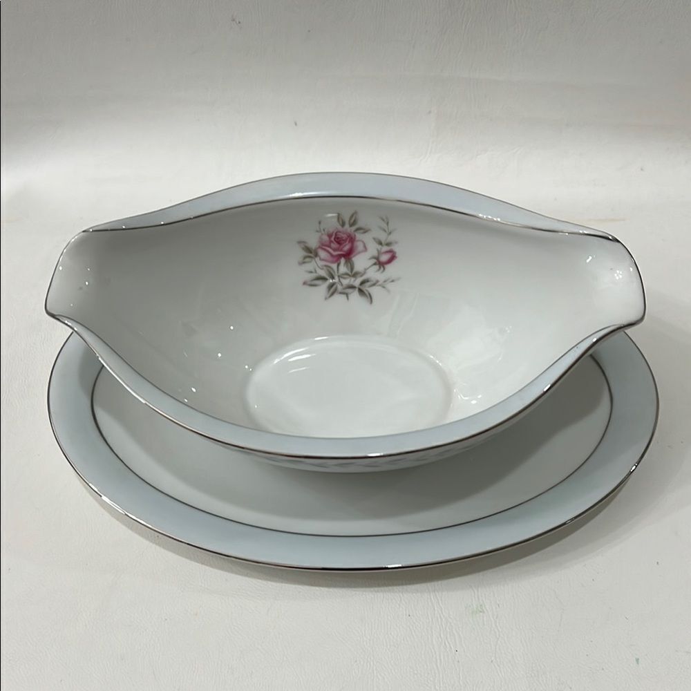 Regency White Blue Silver Floral Pink Rose Serveware Gravy Boat Attached Saucer